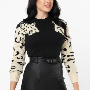 Unique Vintage Black & Cream Leopard Intarsia Crewneck Sweater